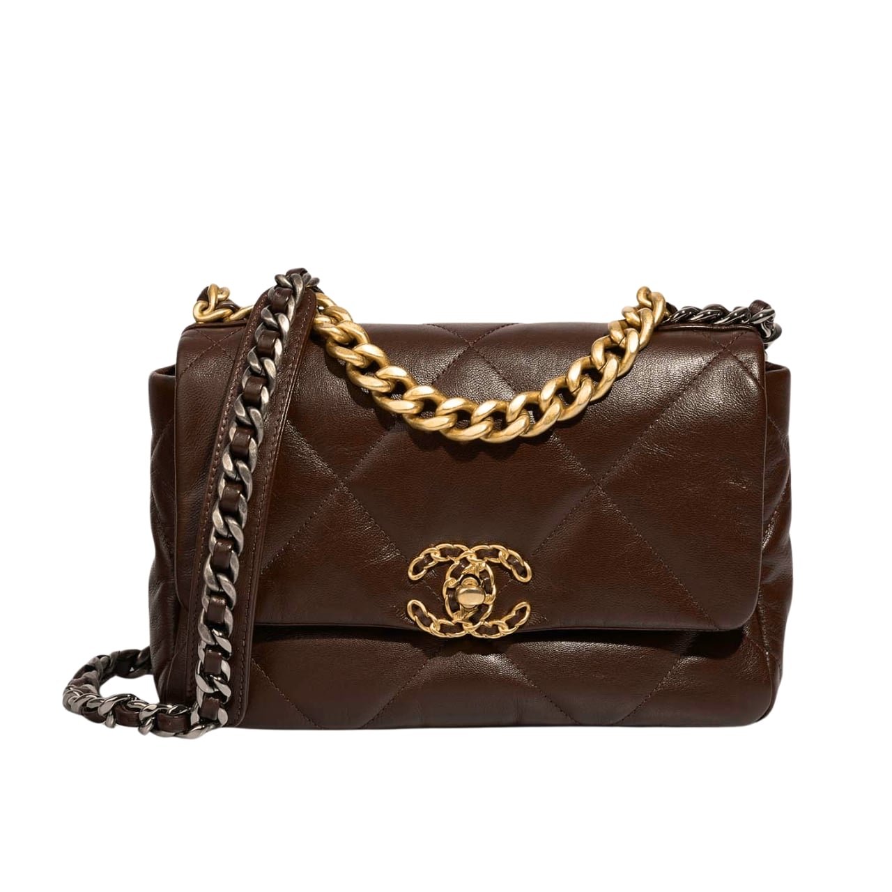 70-2 Chanel 19 Flap Bag Shiny Gold And Silver Tone Brown 20Cm - Image 1
