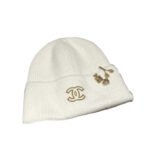Chanel Gold CC Wool Beanie White