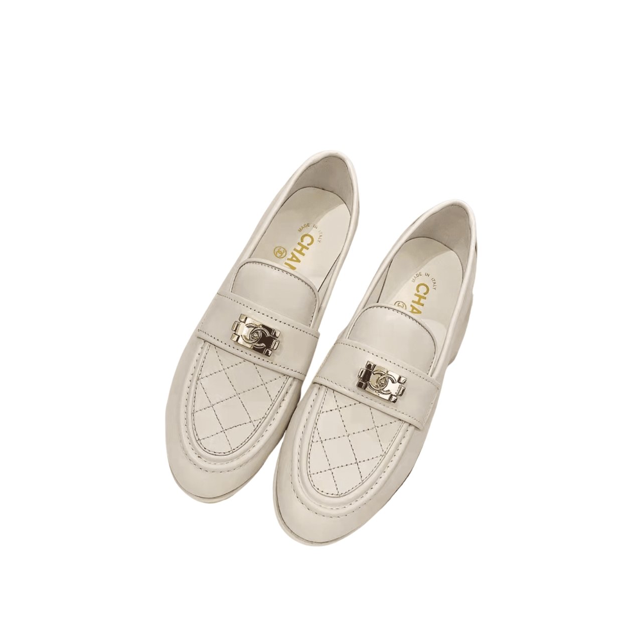 Thumbnail-16-6 Chanel 20B Quilted Boy Lego Metal CC Logo Gold Mule Slip On Flat Loafers White - Image 1
